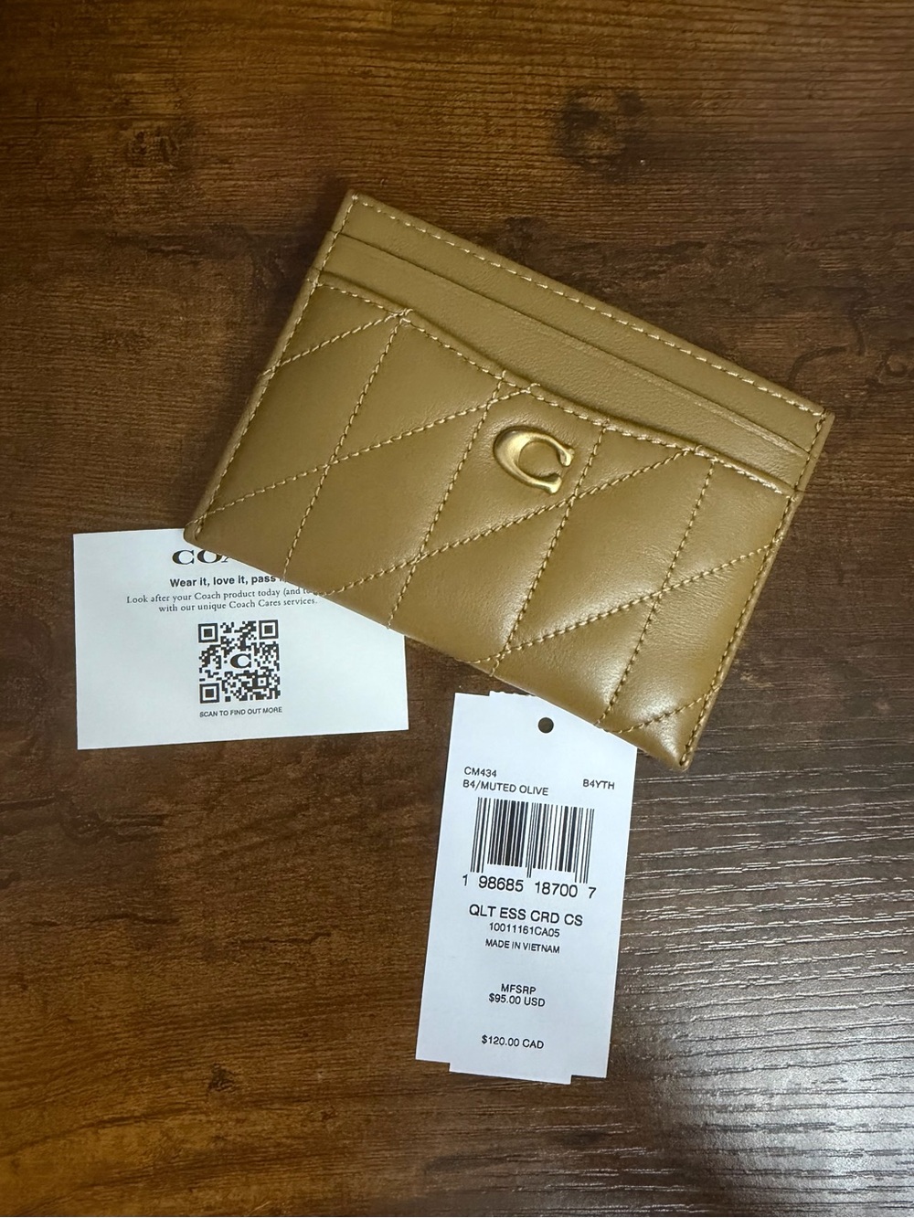 Coach Quilted Card Case Wallet in Muted Olive with Gold Hardware